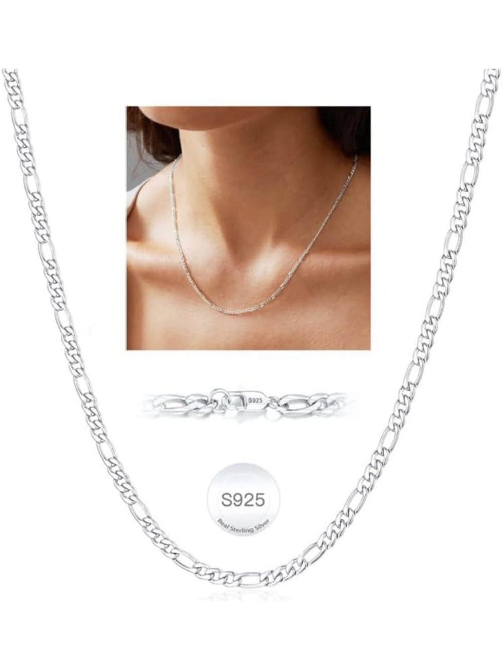 Sterling Silver Figaro Chain Necklace for Women & Girls - 3mm/5mm Thick, Durable